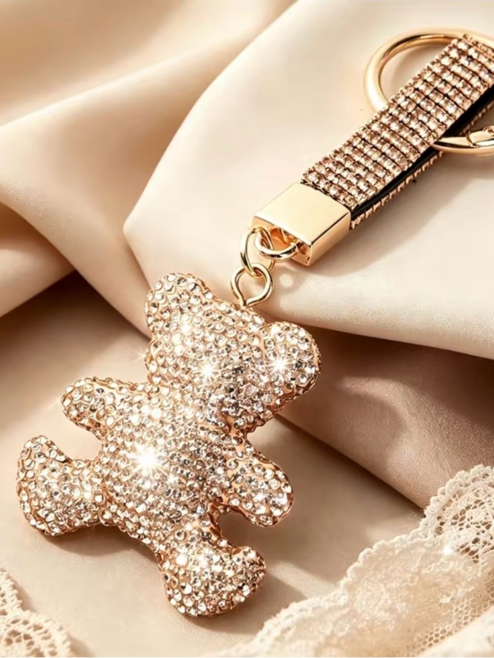 Sparkling Champagne Gold Teddy Bear Keychain - Womens Accessories